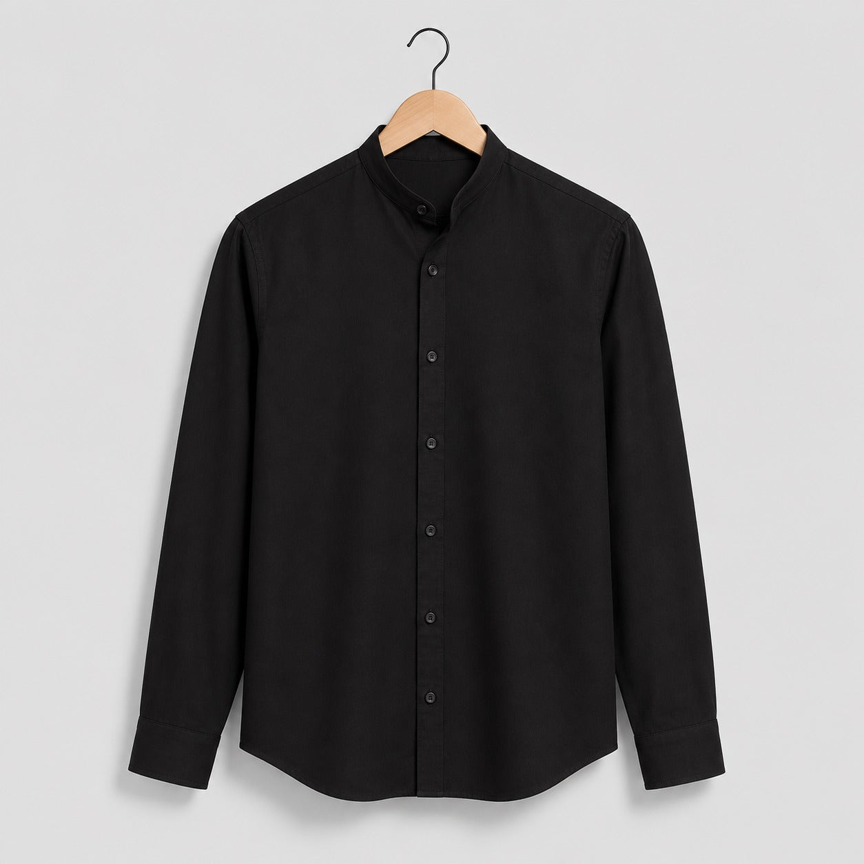 Black Solid Cotton Mandarin Collar Full Sleeve Men's Shirt