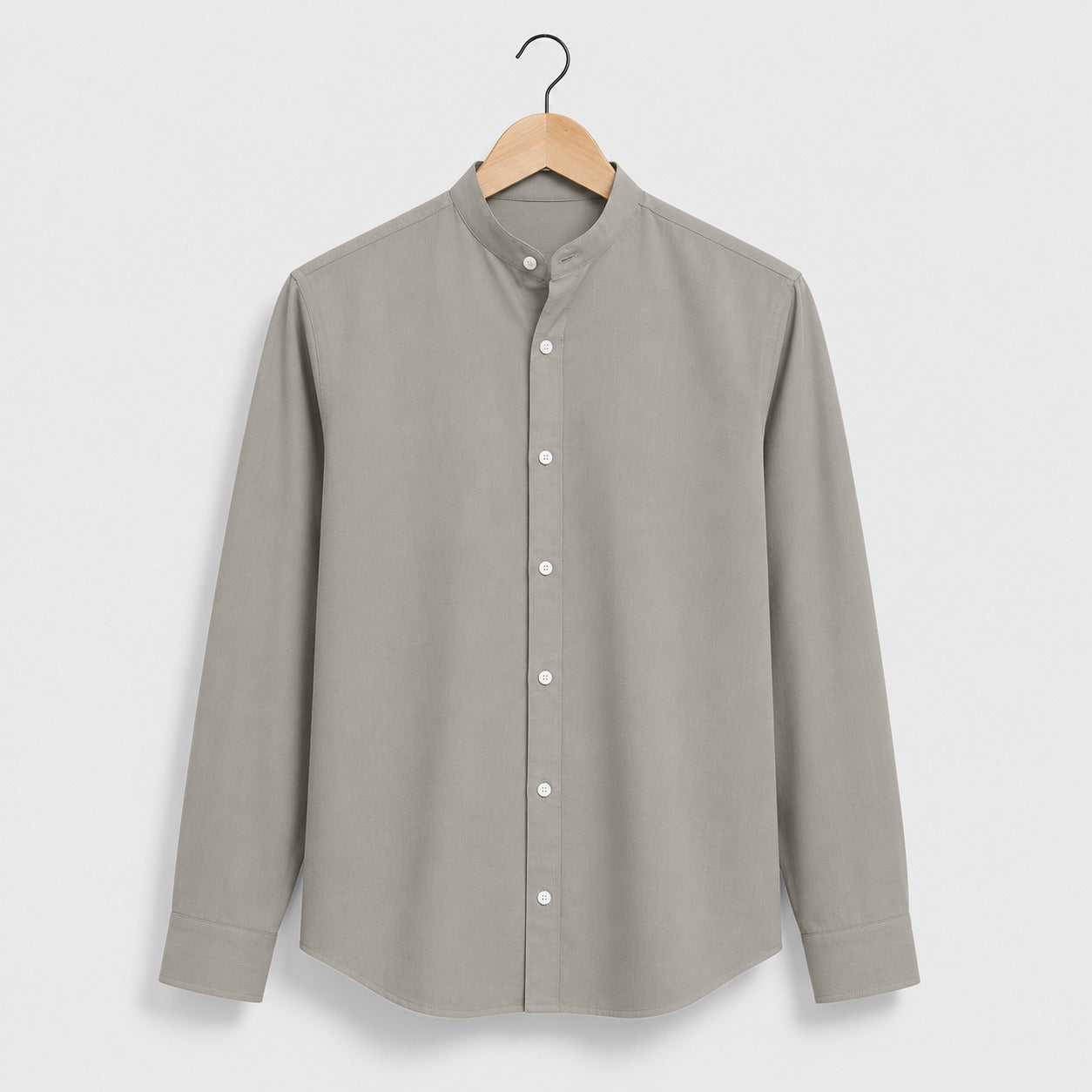 Grey Solid Cotton Mandarin Collar Full Sleeve Men's Shirt